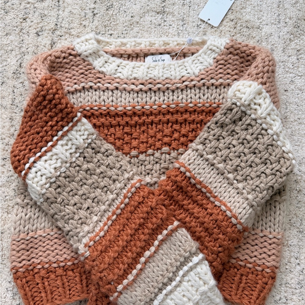 Sadie & Sage Striped Chunky Crew Sweater in Rust, Cream & Tan